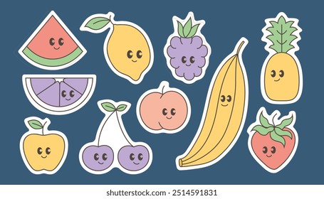 Cute cartoon baby fruits, funny Y2k mascot vector characters with smile stickers. Ripe kawaii cherry, banana, pineapple, apple, lemon.