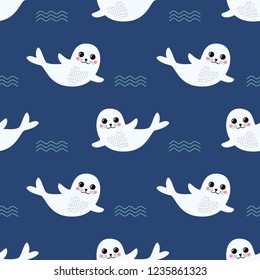 Cute cartoon baby fur seal seamless pattern. Vector baby animals background for kids. Child drawing style cartoon underwater illustration. Design for fabric, textile, decor.
