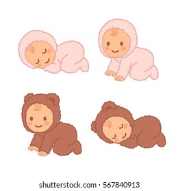 Cute cartoon baby in fuzzy bear onesie, sleeping and crawling. Adorable vector newborn illustration set.