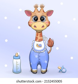 Cute cartoon baby giraffe with a bib, milk bottle and babies dummy. Vector illustration of an animal on a blue background with dots.