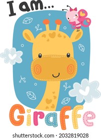 Cute Cartoon Baby Giraffe With Butterfly On White Background Illustration Vector.