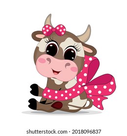 Cute Cartoon baby giraffe with pink ribbon and bow. Perfect for greeting cards, party invitations, posters, stickers, pin, scrapbooking, icons.