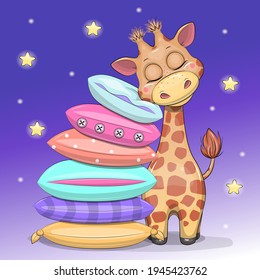 Cute cartoon baby giraffe sleeps on pillows. Night vector illustration on a blue background with stars.