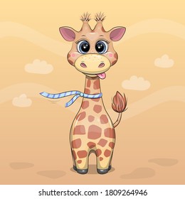 Cute cartoon baby giraffe. Vector illustration of animal on the orange background with clouds.