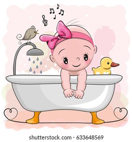 Cute cartoon baby Girl in the bathroom