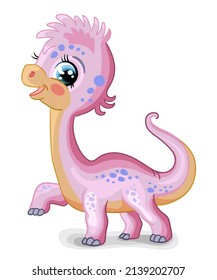 Cute cartoon baby girl dinosaur character diplodocus. Vector illustration isolated on white background. For print, design, advertising, stationery, t-shirt and textiles, decor, sublimation.