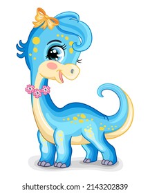 Cute cartoon baby girl dinosaur character blue diplodocus. Vector illustration isolated on white background. For print, design, advertising, stationery, t-shirt and textiles, decor, sublimation.