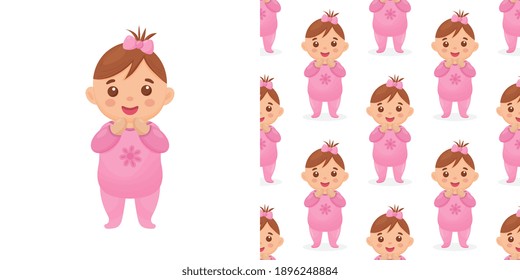 Cute cartoon baby girl isolated on a white background. Seamless pattern with an image of a baby girl.