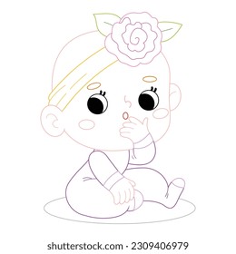 Cute cartoon baby girl with a pensive expression on her face, Coloring book for children.