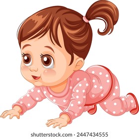 Cute cartoon baby girl in pink crawling happily.