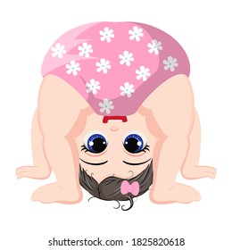 Cute cartoon baby girl playing upside down with pink diaper isolated on a white background