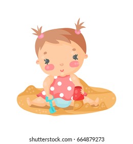 Cute cartoon baby girl playing with sand colorful character vector Illustration