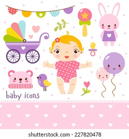 Cute cartoon baby girl set. Baby icons set. 