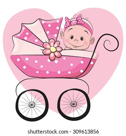 Cute Cartoon Baby Girl Is Sitting On A Carriage On A Heart Background

