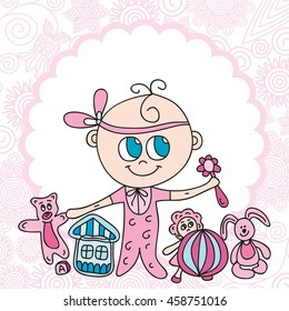 Cute cartoon baby girl with toys. Vector illustration.