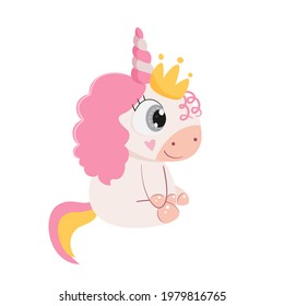 Cute cartoon baby girl unicorn with crown. Vector illustration.