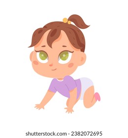 Cute cartoon baby girl vector illustration. Little dark haired kid in violet t-shirt and diaper crawls. Adorable kneeling and smiling small character. Concept of happy and healthy childhood.