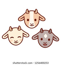 Cute Cartoon Baby Goat Face Set. Kawaii Kid Goats With Different Expressions, Isolated Clip Art Vector Illustration.