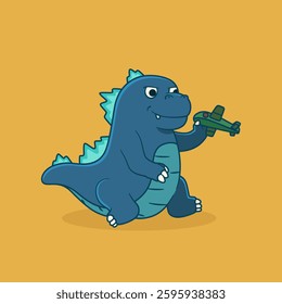 Cute cartoon of baby baby godzilla playing toy airplane . Vector illustration of godzilla.