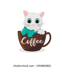Cute cartoon baby grey kitty sitting in the mug. Vector illustration for baby shower, greeting card, party invitation, fashion clothes t-shirt print.