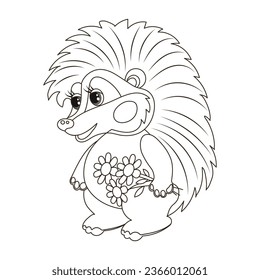 Cute cartoon baby hedgehog with a bouquet of flowers. Sketch, outline drawing for a coloring book. Vector