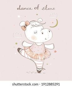 Cute  cartoon baby hippo ballerina. Hand drawn vector illustration. Can be used for baby t-shirt print, fashion print design, kids wear, baby shower celebration greeting and invitation card.