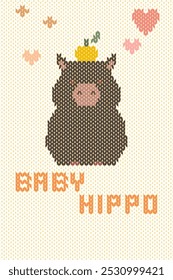 Personagem bonito do bebê hipopótamo do desenho animado com coração geométrico, padrão sem emenda laranja. Design decorativo perfeito para tecido, tricô, crochê, ponto de cruz, suéter, capa, decoração, fundo