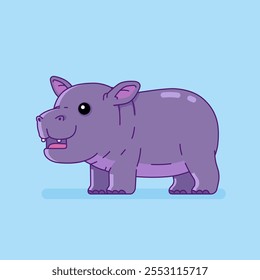 Cute cartoon of baby hippopotamus standing on four legs and giggling. Vector isolated of pygmy hippopotamus.