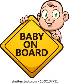 Cute cartoon baby holding a baby on board sign. Vector clip art illustration with simple gradients. All on a single layer. 
