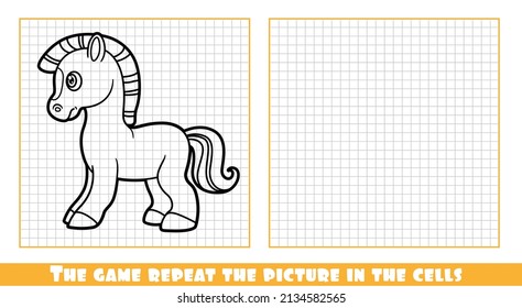 Cute cartoon baby horse outlined the game repeat the picture in the cells