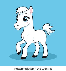 Cute cartoon baby horse, white pony with blue mane, standing on blue background. Child-friendly animal character design. Cartoon pony illustration for children's book vector illustration.