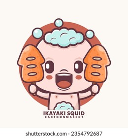 cute cartoon baby with ikayaki squid. vector illustrations with outline style, suitable for, logo brand, stickers, icons, etc.