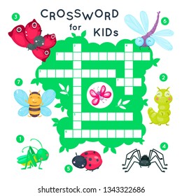 Cute cartoon baby insects crossword for kids.  Puzzle game for children. Butterfly and bug, bee and dragonfly.  Vector  illustration.