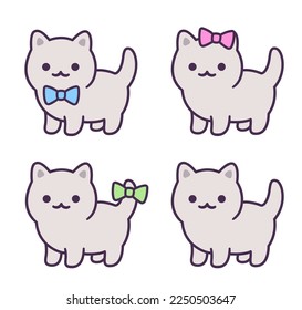 Cute cartoon baby kitten gender identity icons with color bow. Boy, girl and gender neutral (non-binary). Kawaii cat vector illustration set.