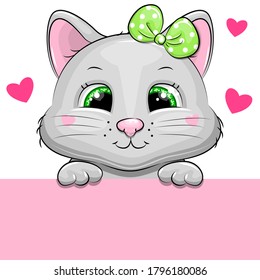 Cute cartoon baby kitten with green bow. Vector illustration of animal isolated on white.