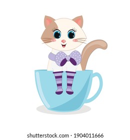 Cute cartoon baby kitty sitting in the blue mug. Vector illustration for baby shower, greeting card, party invitation, fashion clothes t-shirt print.