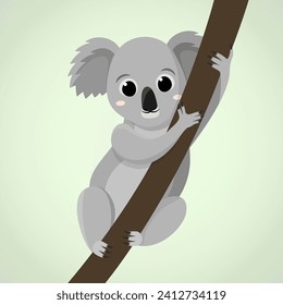 Cute cartoon baby koala climbing a tree. Adorable animal character flat vector illustration.