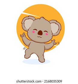 Cute cartoon baby koala dancing. Hand drawn mascot design illustration.