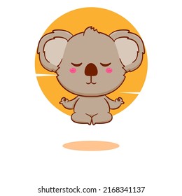 Cute cartoon baby koala doing yoga. Hand drawn mascot design illustration.