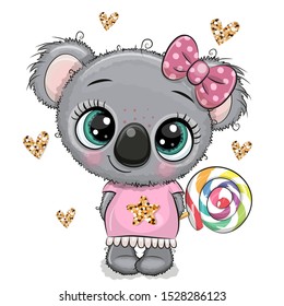 Cute Cartoon baby Koala in a dress with Lollipop