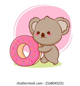 Cute cartoon baby koala eating douhgnut. Hand drawn mascot design illustration.