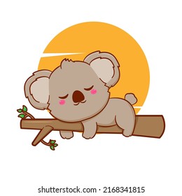 Cute cartoon baby koala sleeping on tree. Hand drawn mascot design illustration.