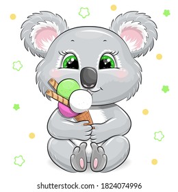 Cute cartoon baby koala with sweet ice cream. Vector illustration of animal isolated on white.