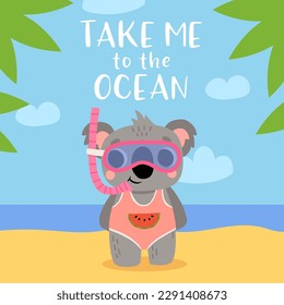 Caricatura lindo bebé koala con traje de baño y máscara submarina sonriendo en la playa. Ilustración vectorial de verano para libros infantiles, afiches, camisetas