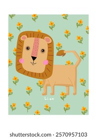 Cute cartoon baby lion character with plants, flower vector illustration for children with childish style.