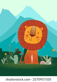 Cute cartoon baby lion character with plants, flower vector illustration for children with childish style.