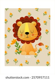 Cute cartoon baby lion character with plants, flower vector illustration for children with childish style.