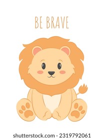 Cute cartoon baby lion cub. Children kids illustration. Vector isolated on white background. Baby shower, birthday