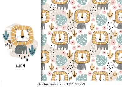 Cute cartoon baby lion icon. Jungle Animal card and seamless pattern. Hand drawn fabric surface design illustration.