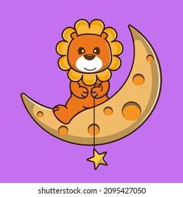 Cute cartoon baby lion, sitting on the moon. Funny animal emotions. Modern animals flat style. Graphic element for kids, greeting card, cover, poster and t-shirt. Vector illustration.